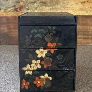 Vintage Japanese Floral Painted Black Plastic Jewelry Box